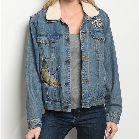 Embroidered Denim Sherpa Lined Jacket - Picture 1 of 6